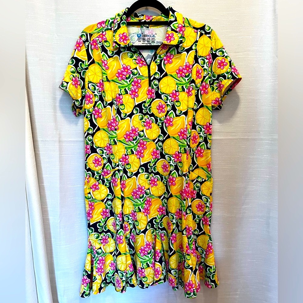 IBKUL Vibrant Floral and Lemon Print Sport Dress Sz L